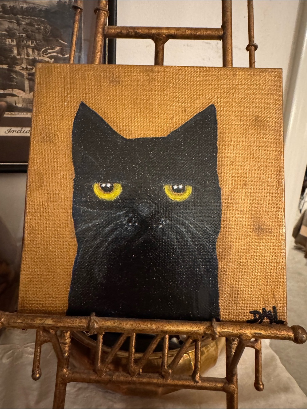 Original Folk Art Cat Paintings Set of 3 Dawn Leach Gold Leaf Signed 2019 - Picture 6 of 8
